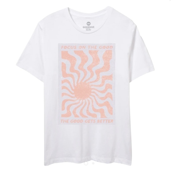August Ink Focus On The Good Graphic Tee Size XS White Retro Sun Print Positive - Picture 2 of 2